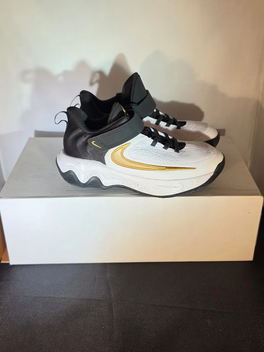 Nike Kids White, Black & Gold Basketball Sneakers